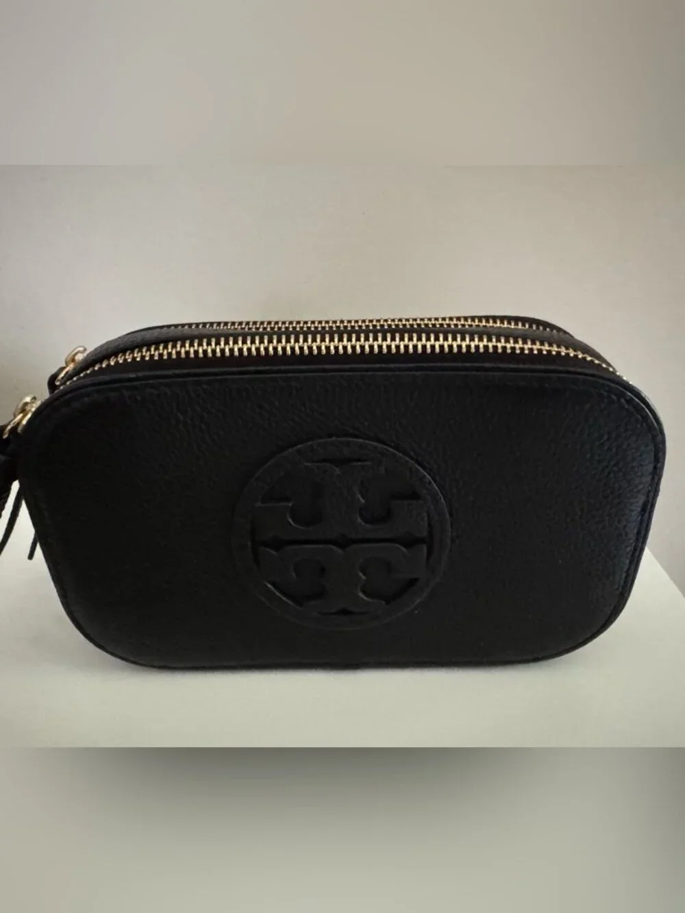 Tory Burch Black Pebbled Leather Double-Zip Camera Crossbody